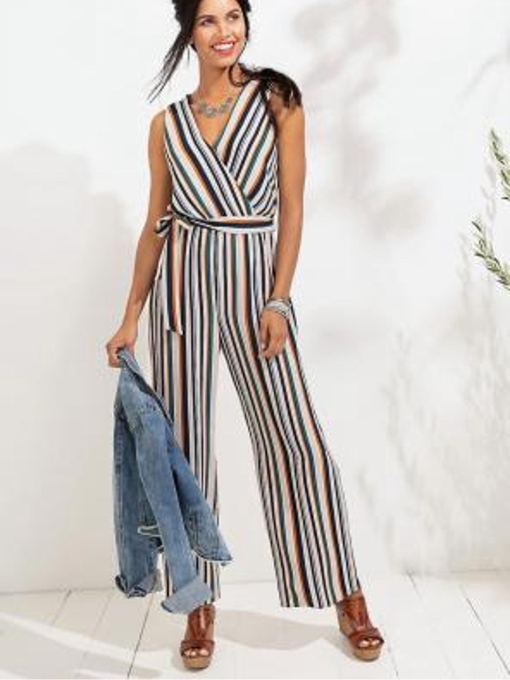 Striped Jumpsuit in Gray, Navy, Orange & Green